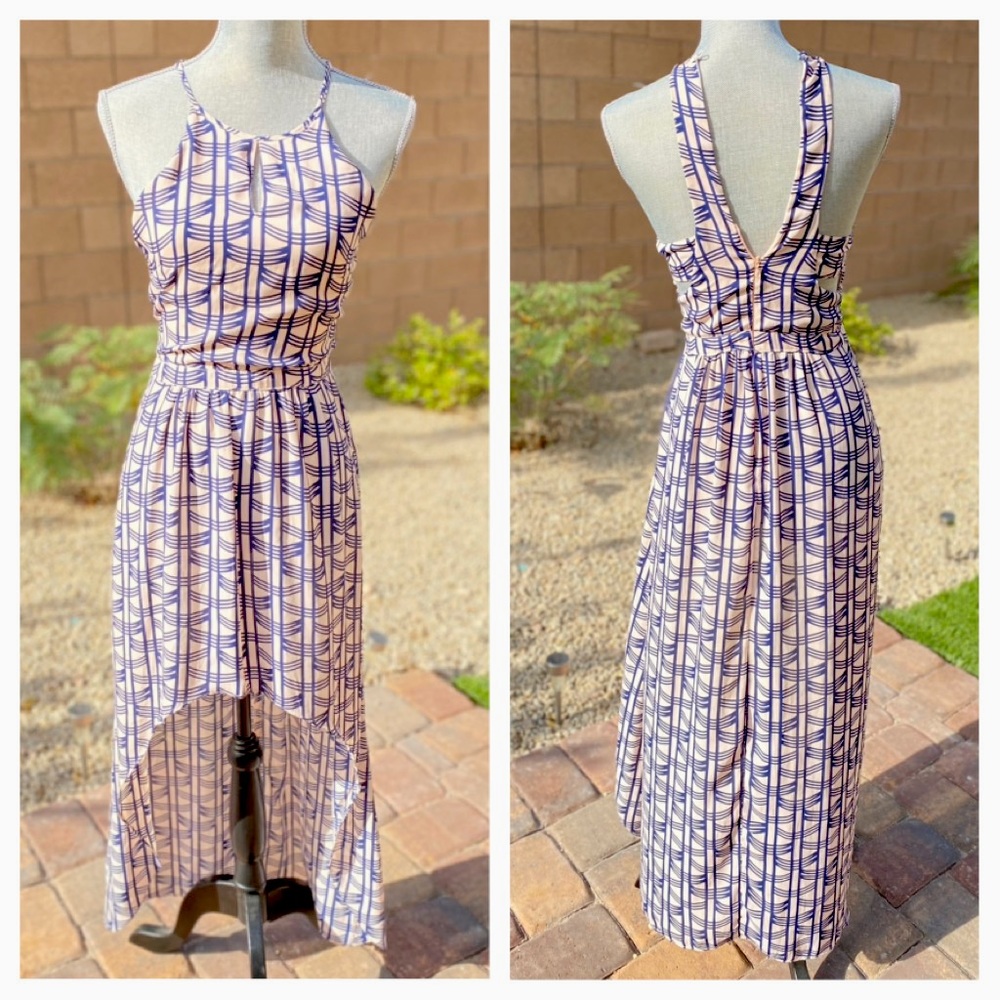 Pink & Navy Geo Pattern Hi-Low Dress